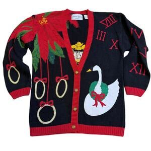 Sharon Young Vintage Holiday Cardigan Sweater Swan Poinsettia Ornament Black Red